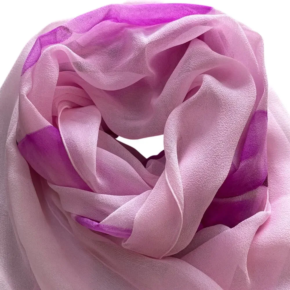 Sheer silk chiffon scarf long rectangle wrap pink purple floral hand painted